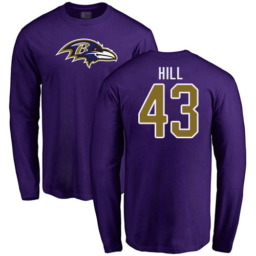 Men Baltimore Ravens Purple Justice Hill Name and Number Logo NFL Football #43 Long Sleeve T Shirt->nfl t-shirts->Sports Accessory